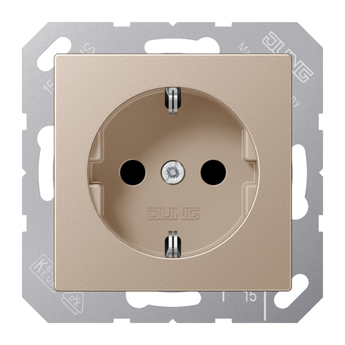 Розетка JUNG A 500, скрытый монтаж, с заземлением, со шторками, шампань