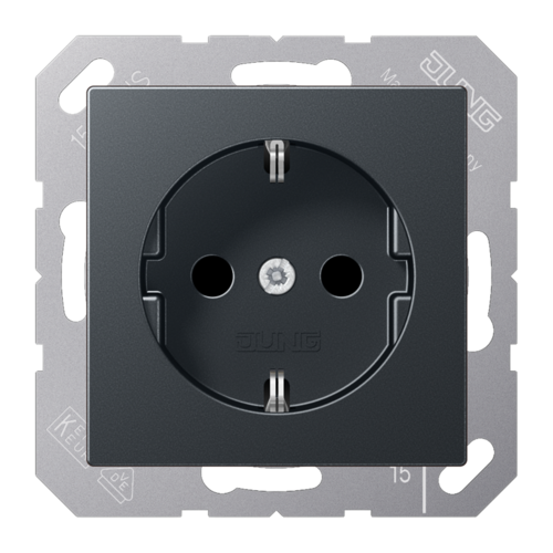 Розетка JUNG А-СЕРИЯ, скрытый монтаж, с заземлением, со шторками, матовый антрацит